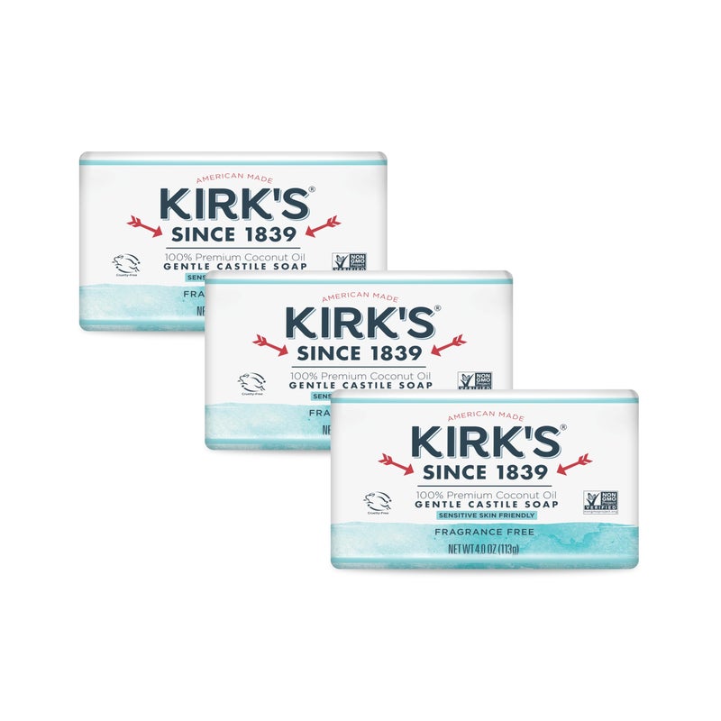 Kirk's Castile Bar Soap by Kirkâ€™s | Clean Soap for Men, Women & Children | Premium Coconut Oil | Sensitive Skin Formula, Vegan | Fragrance-Free/Unscented | 4 oz. Bars - 3 Pack - Image 1